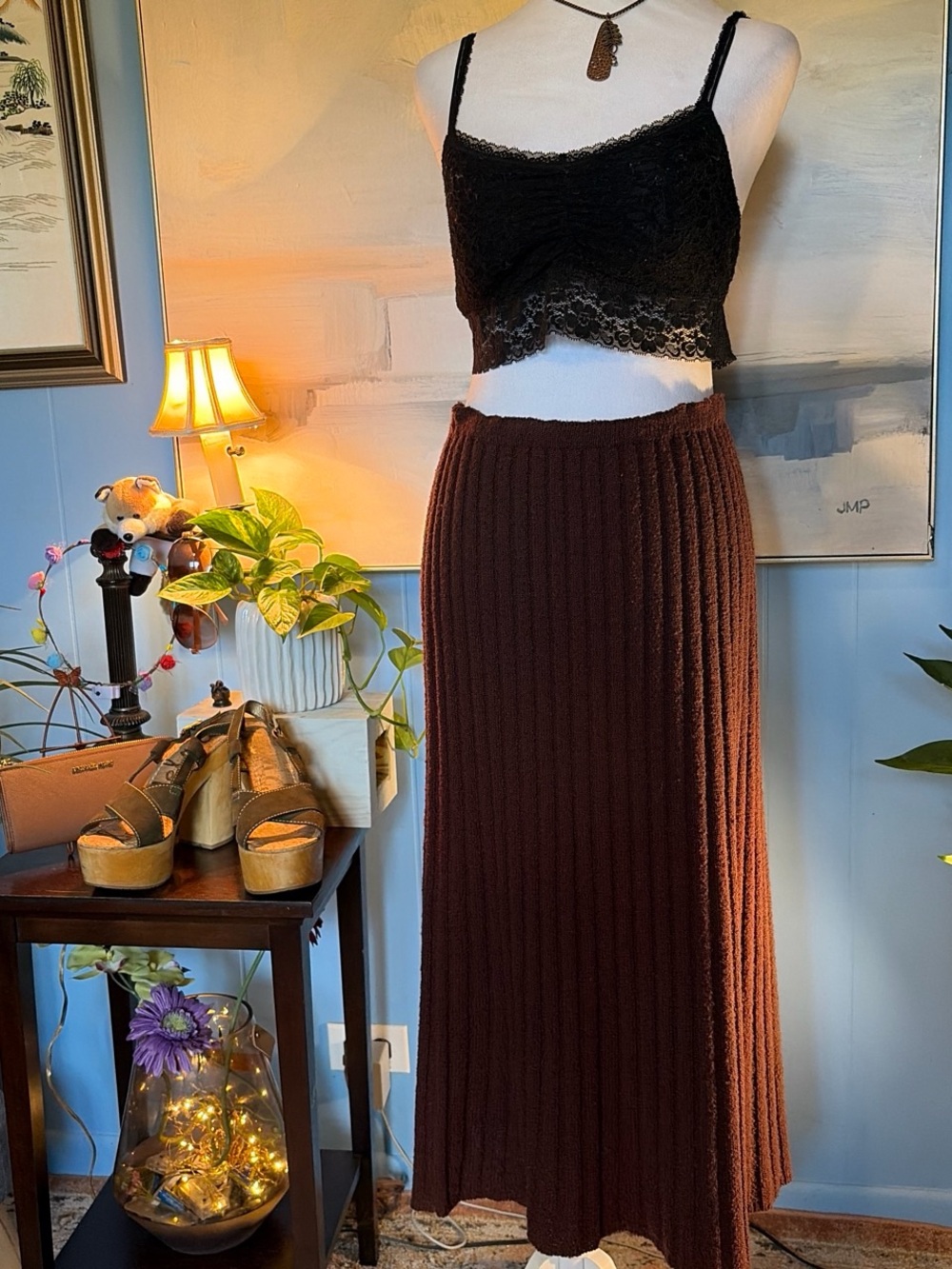 Ribbed Maxi Knit Skirt — Dark Brown
